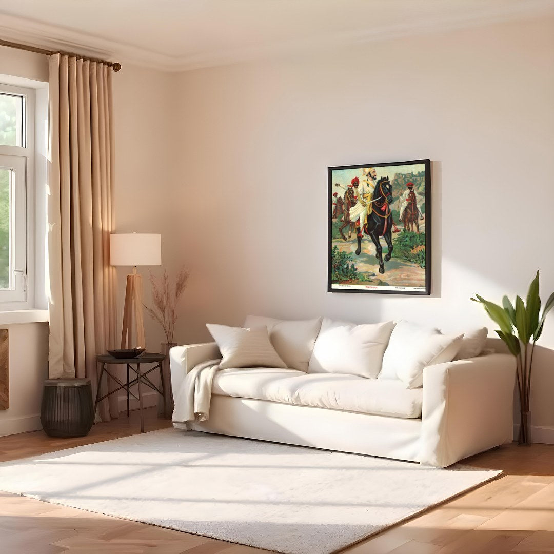 This captivating artwork depicts a noble cavalry leader poised with regal authority. The vibrant for Family Room