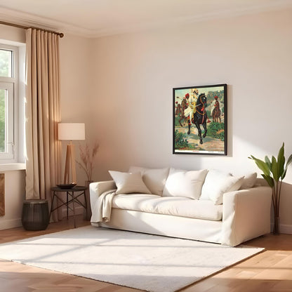 This captivating artwork depicts a noble cavalry leader poised with regal authority. The vibrant for Family Room