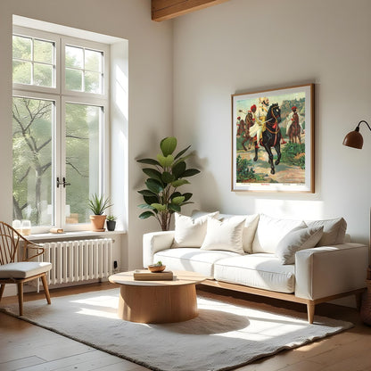 This captivating artwork depicts a noble cavalry leader poised with regal authority. The vibrant for Living Room