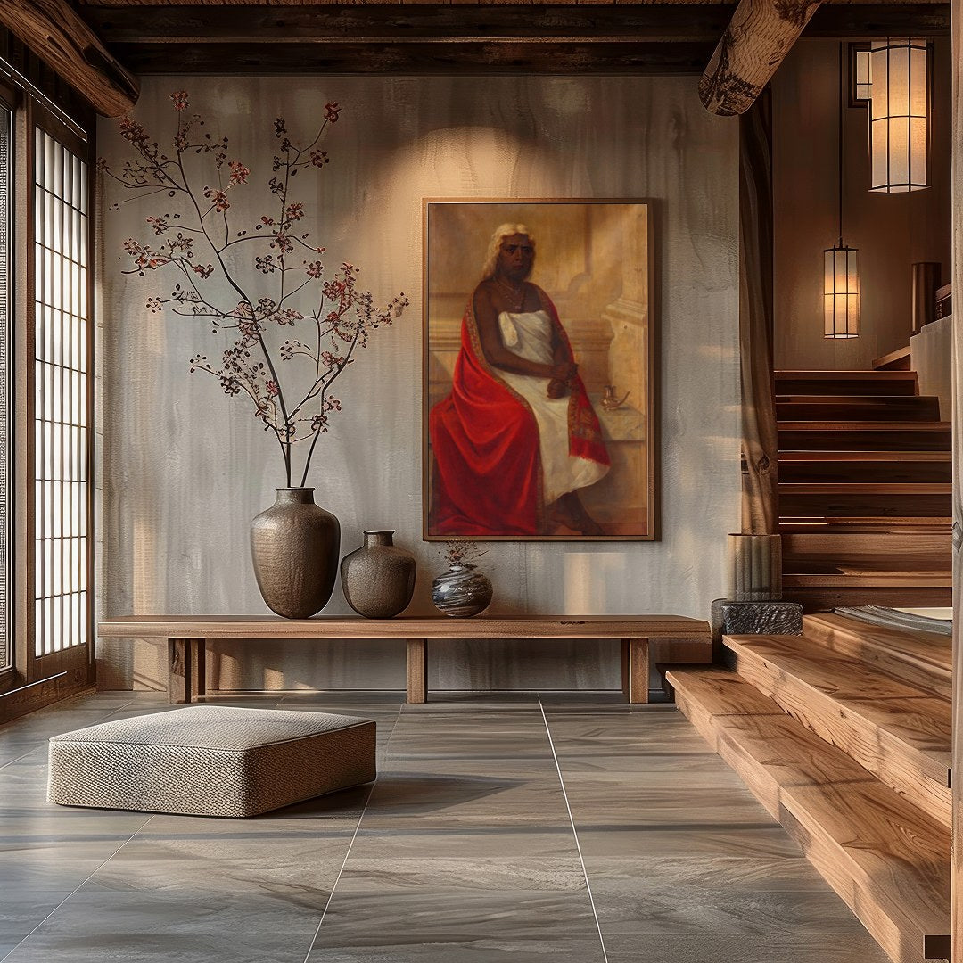 This striking portrait captures the essence of nobility and introspection, adorned with rich for Hall