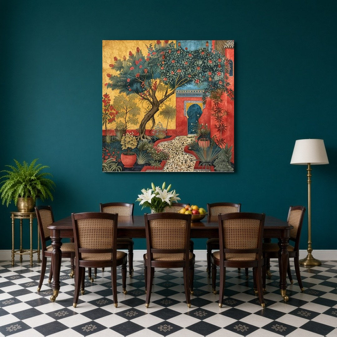 Immerse yourself in a serene Mughal courtyard where majestic trees and vibrant flowers flourish in for Dining