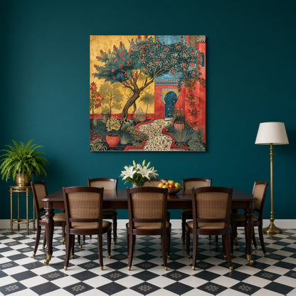 Immerse yourself in a serene Mughal courtyard where majestic trees and vibrant flowers flourish in for Dining