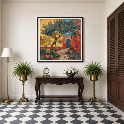 Immerse yourself in a serene Mughal courtyard where majestic trees and vibrant flowers flourish in for Entrance