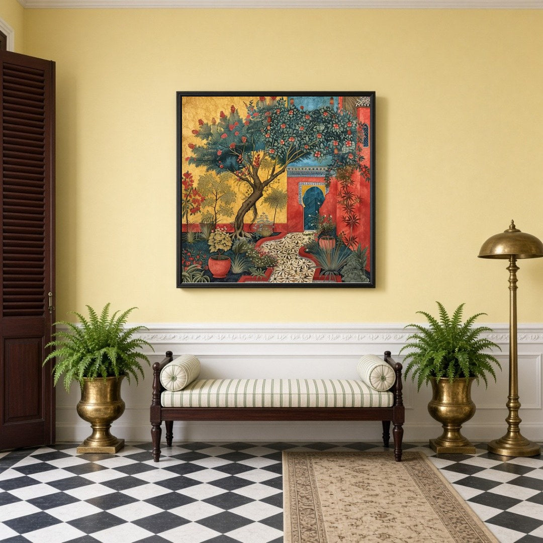 Immerse yourself in a serene Mughal courtyard where majestic trees and vibrant flowers flourish in for Hallway