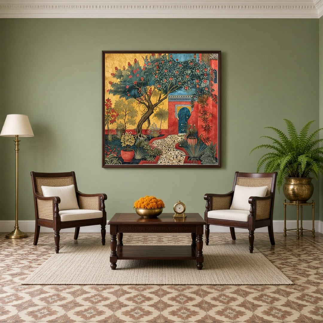 Immerse yourself in a serene Mughal courtyard where majestic trees and vibrant flowers flourish in for Living Room