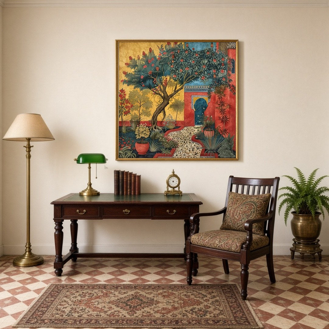 Immerse yourself in a serene Mughal courtyard where majestic trees and vibrant flowers flourish in for Study