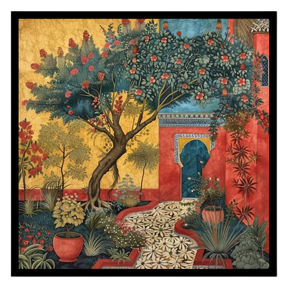 Immerse yourself in a serene Mughal courtyard where majestic trees and vibrant flowers flourish in for sweet-home