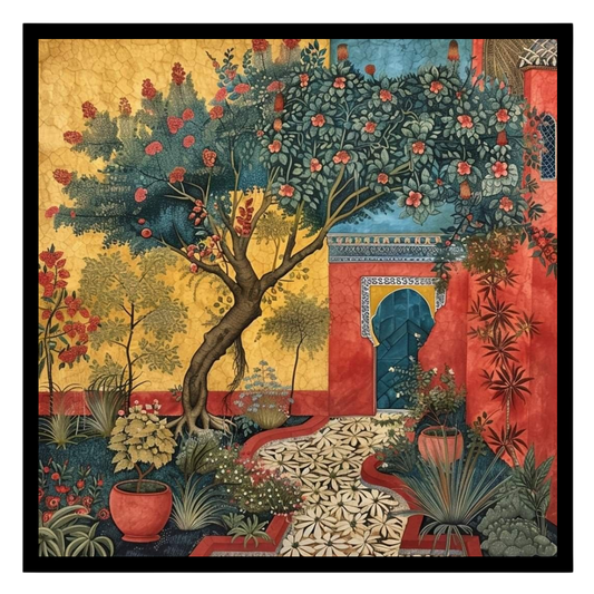 Immerse yourself in a serene Mughal courtyard where majestic trees and vibrant flowers flourish in for sweet-home