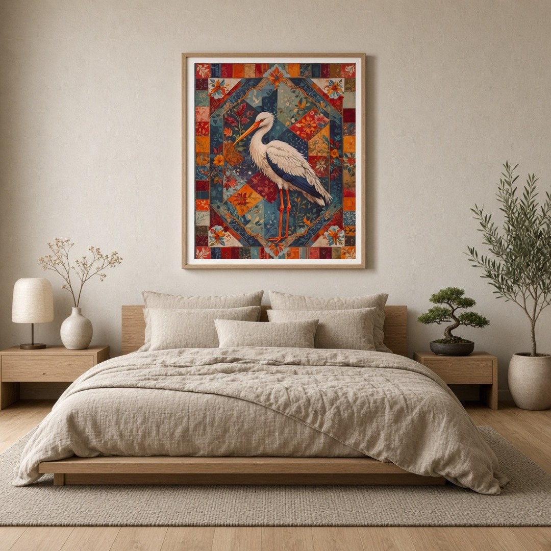 This captivating artwork showcases a graceful crane amidst an intricate geometric and floral for Bedroom
