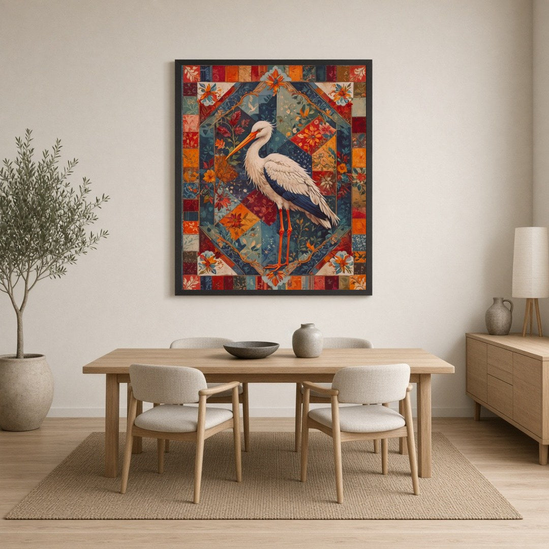 This captivating artwork showcases a graceful crane amidst an intricate geometric and floral for Dining