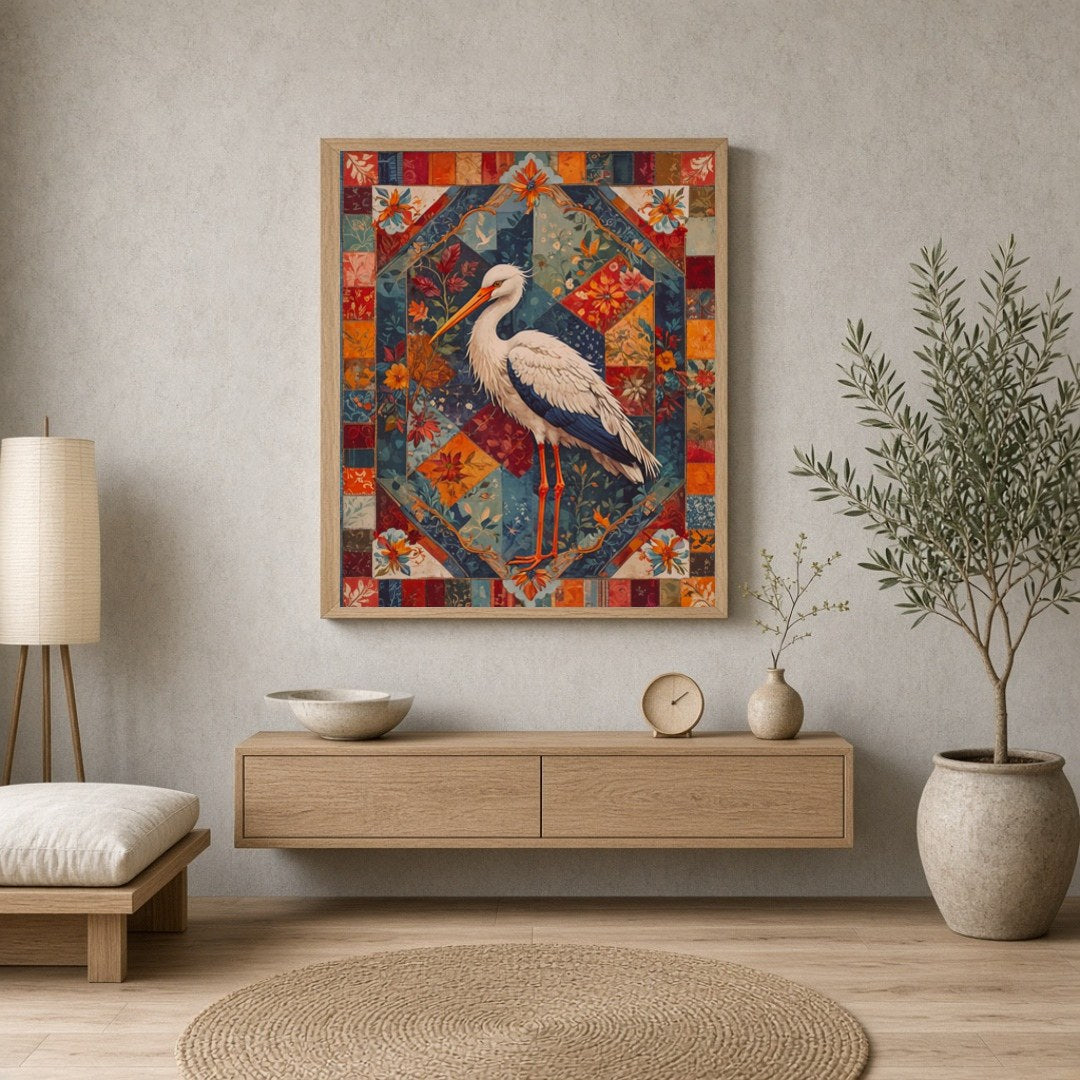 This captivating artwork showcases a graceful crane amidst an intricate geometric and floral for Entrance
