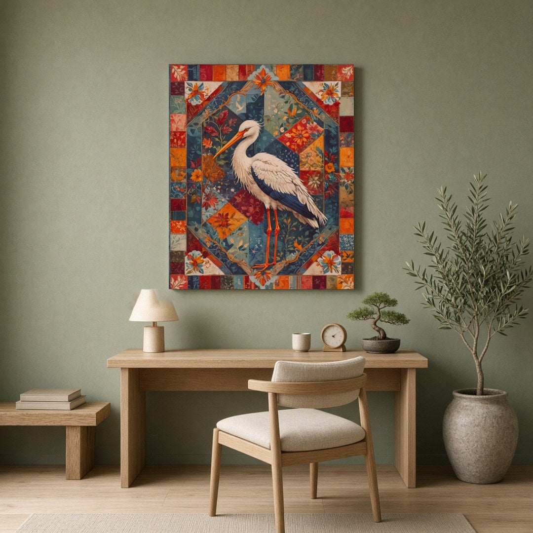 This captivating artwork showcases a graceful crane amidst an intricate geometric and floral for Home Office
