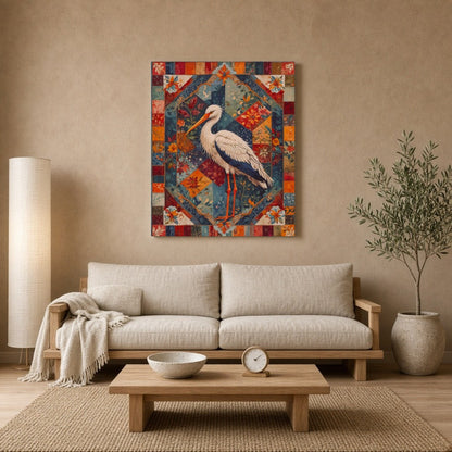 This captivating artwork showcases a graceful crane amidst an intricate geometric and floral for Living Room