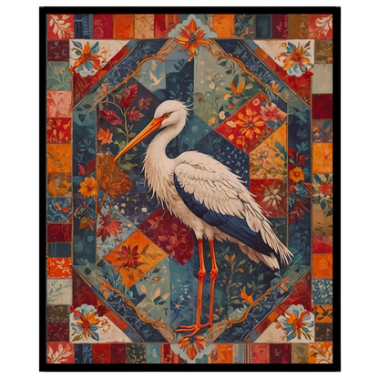 This captivating artwork showcases a graceful crane amidst an intricate geometric and floral for office
