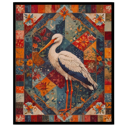 This captivating artwork showcases a graceful crane amidst an intricate geometric and floral for office