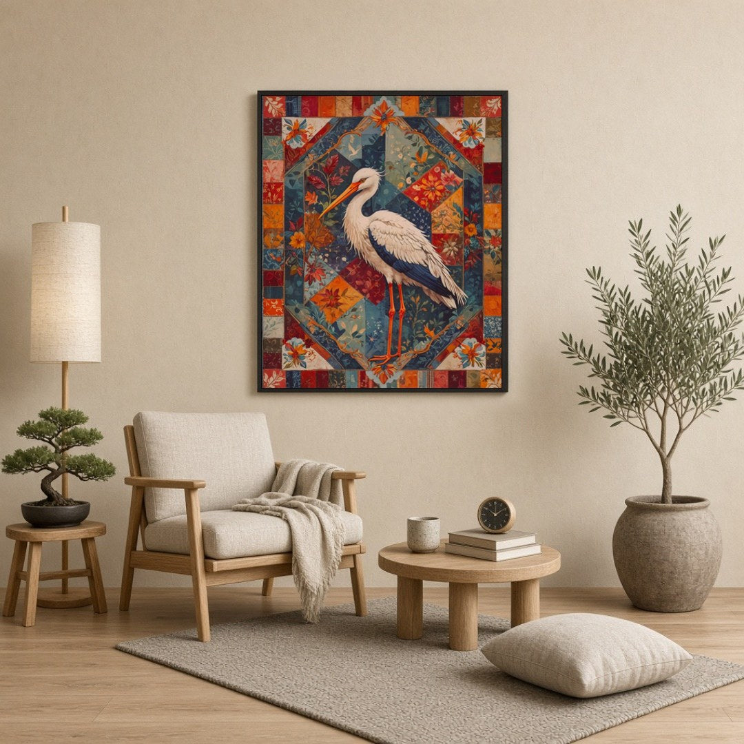 This captivating artwork showcases a graceful crane amidst an intricate geometric and floral for Reading Nook