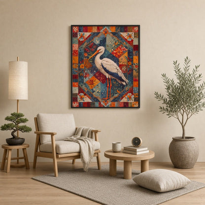 This captivating artwork showcases a graceful crane amidst an intricate geometric and floral for Reading Nook