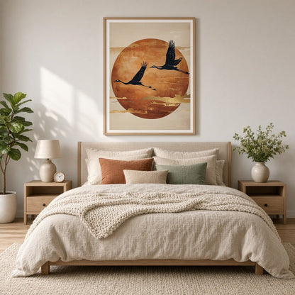 This captivating art print features two elegant cranes gracefully flying against a backdrop of a for Bedroom