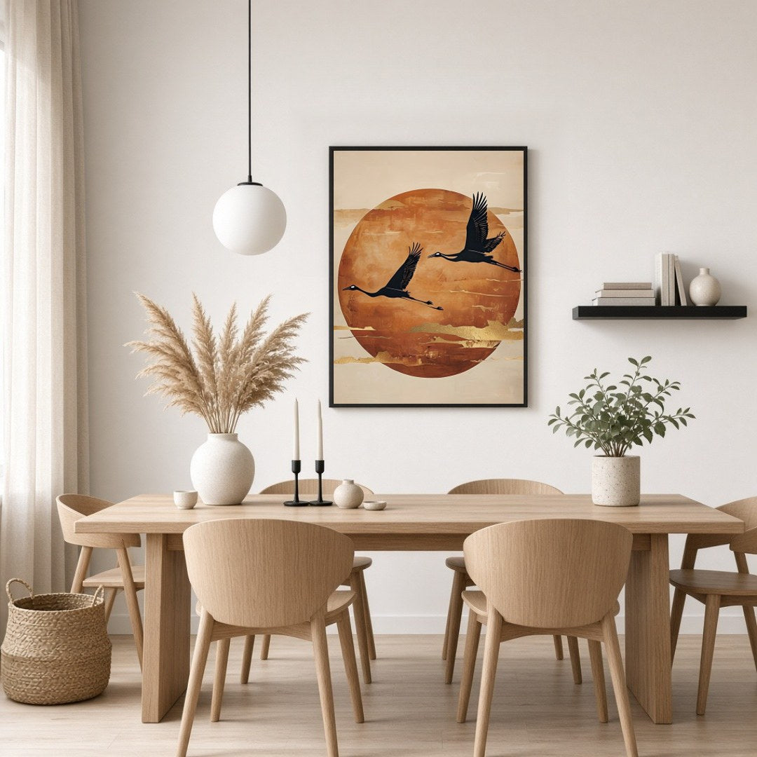 This captivating art print features two elegant cranes gracefully flying against a backdrop of a for Dining