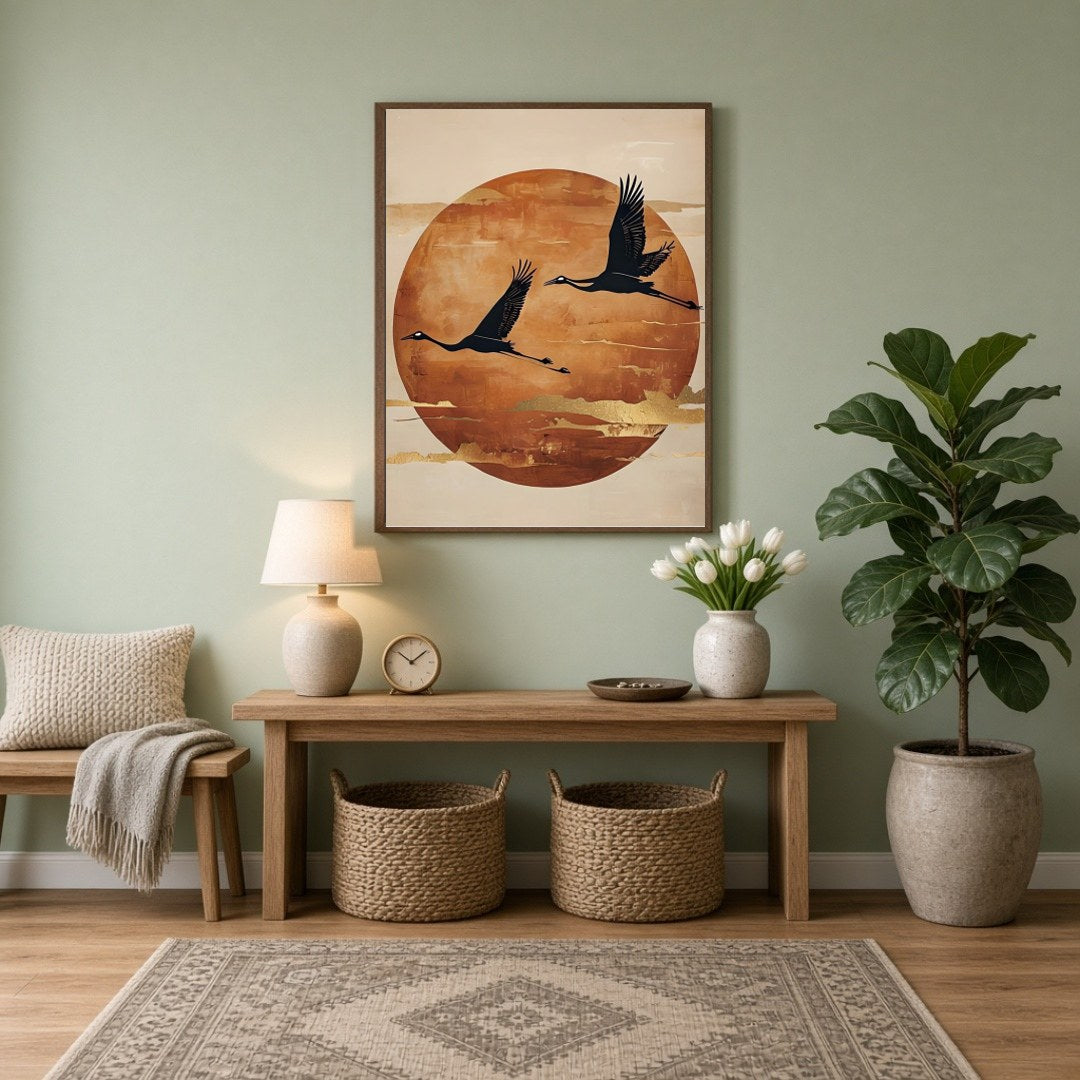 This captivating art print features two elegant cranes gracefully flying against a backdrop of a for Entrance