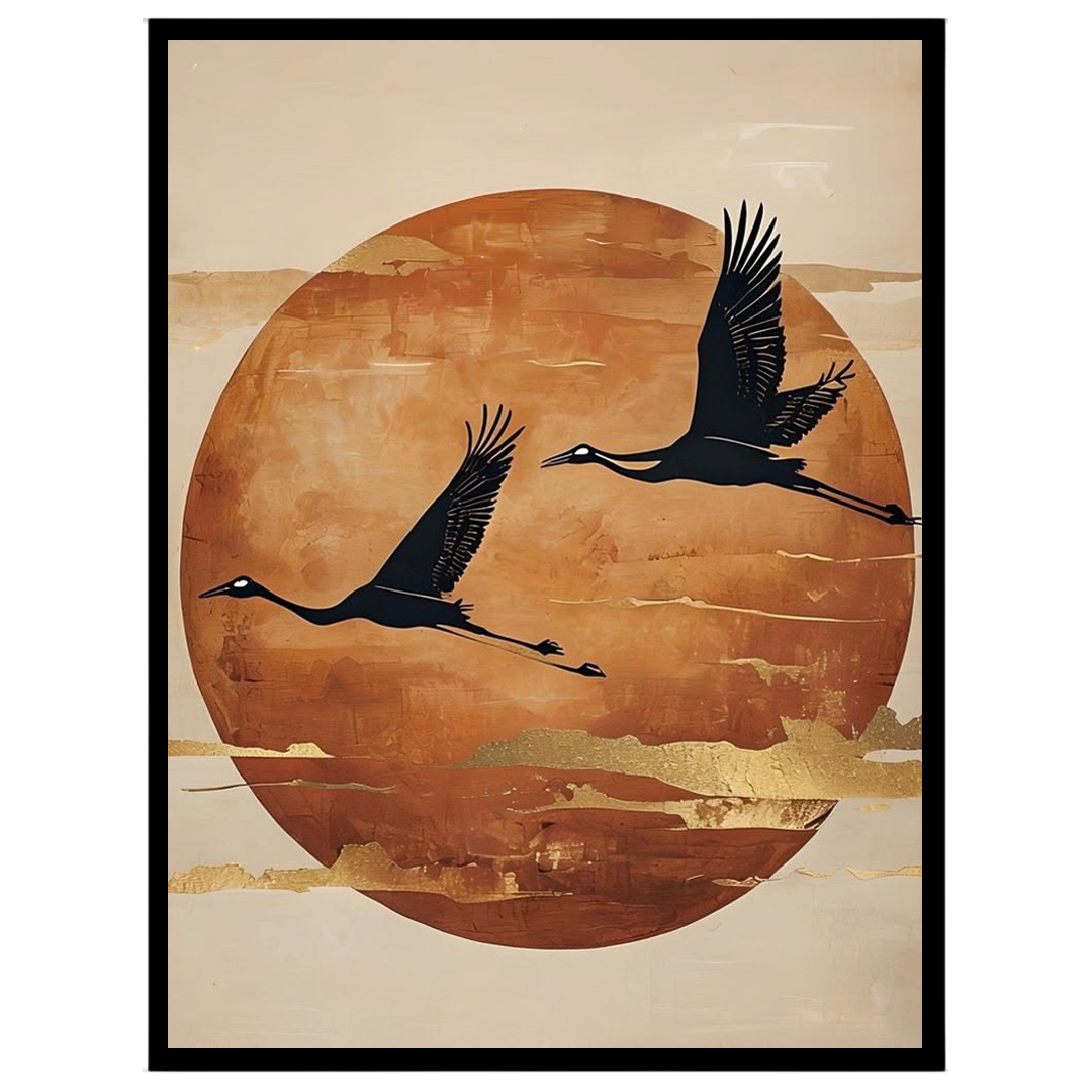 This captivating art print features two elegant cranes gracefully flying against a backdrop of a for home