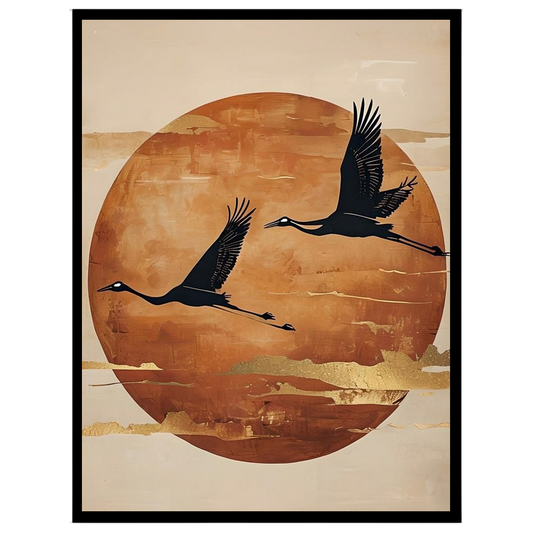 This captivating art print features two elegant cranes gracefully flying against a backdrop of a for home