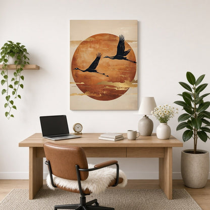 This captivating art print features two elegant cranes gracefully flying against a backdrop of a for Home Office