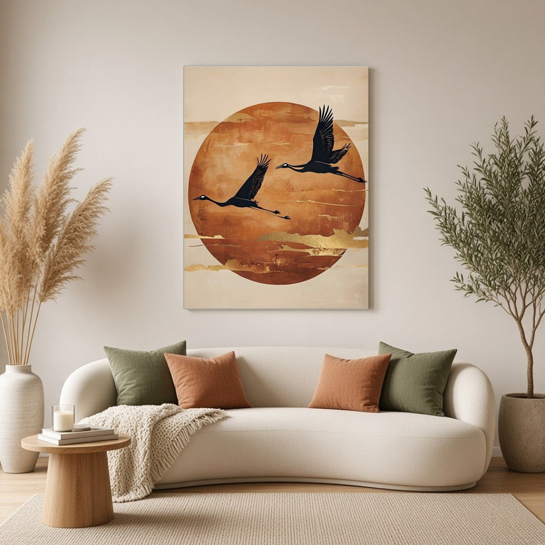 This captivating art print features two elegant cranes gracefully flying against a backdrop of a for Living Room