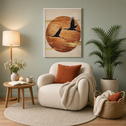 This captivating art print features two elegant cranes gracefully flying against a backdrop of a for Reading Nook
