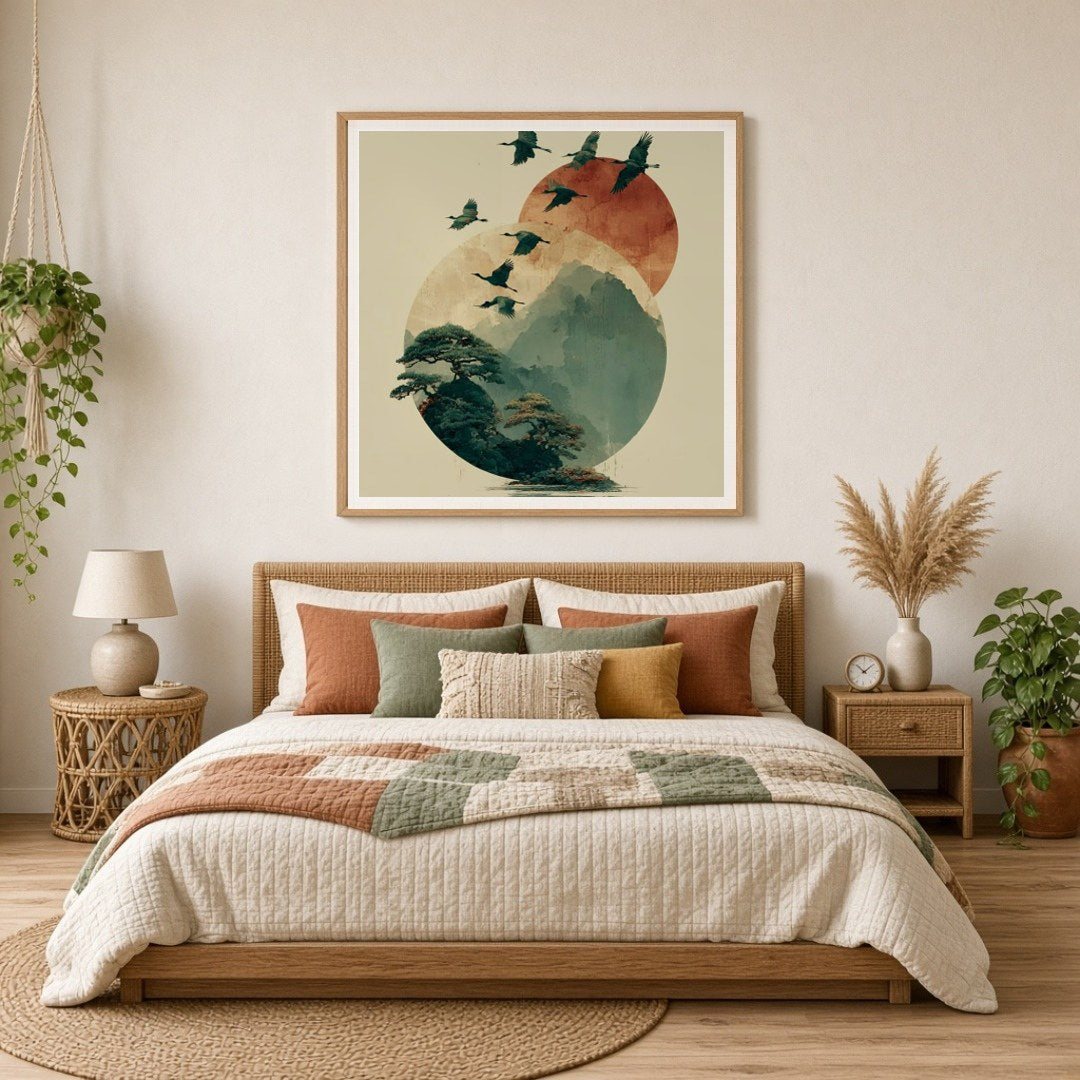 Elevate your space with this captivating artwork featuring elegant cranes soaring over serene for Bedroom