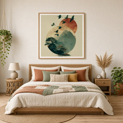 Elevate your space with this captivating artwork featuring elegant cranes soaring over serene for Bedroom