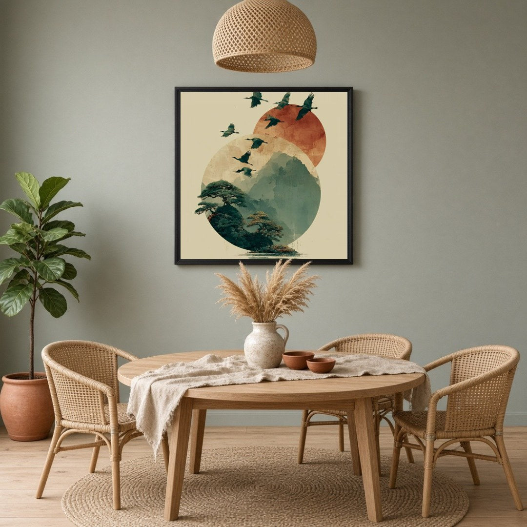 Elevate your space with this captivating artwork featuring elegant cranes soaring over serene for Dining