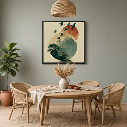 Elevate your space with this captivating artwork featuring elegant cranes soaring over serene for Dining