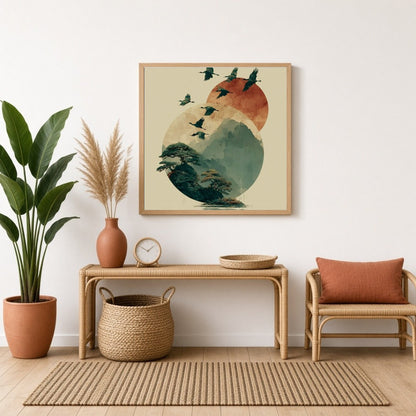 Elevate your space with this captivating artwork featuring elegant cranes soaring over serene for Entrance