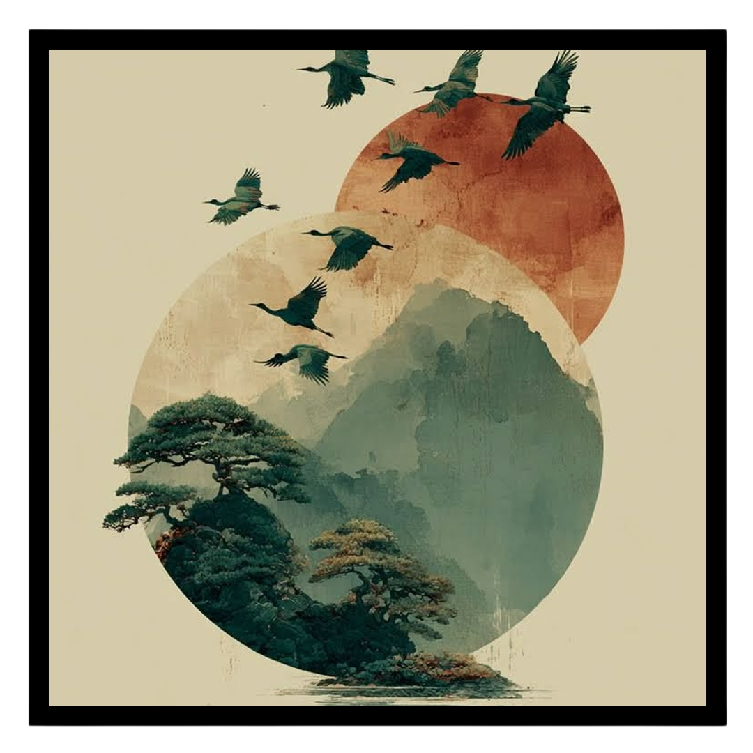 Elevate your space with this captivating artwork featuring elegant cranes soaring over serene for gallery