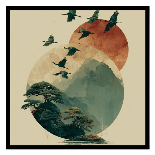Elevate your space with this captivating artwork featuring elegant cranes soaring over serene for gallery