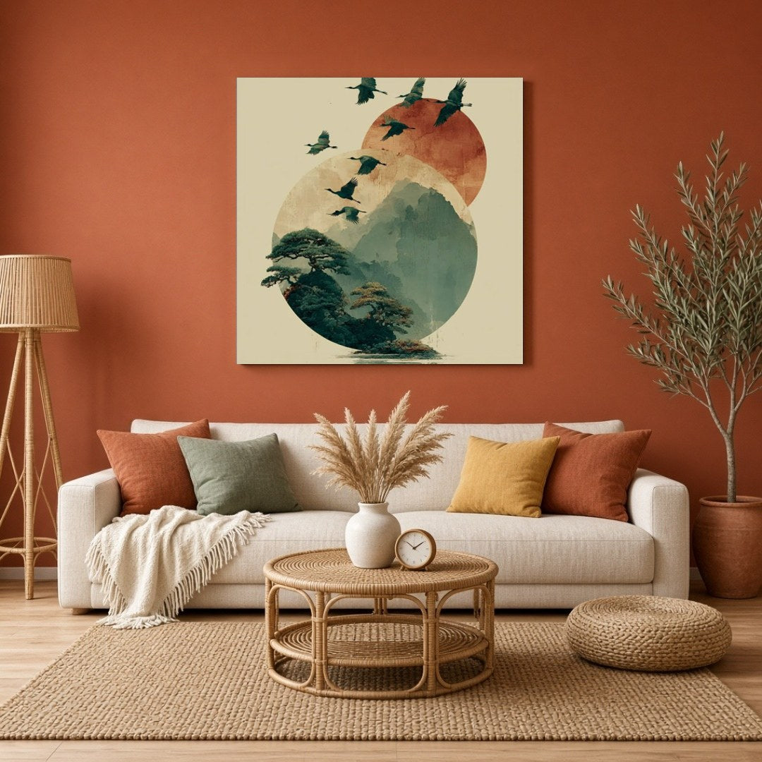 Elevate your space with this captivating artwork featuring elegant cranes soaring over serene for Living Room