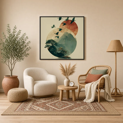 Elevate your space with this captivating artwork featuring elegant cranes soaring over serene for Sitting Lounge
