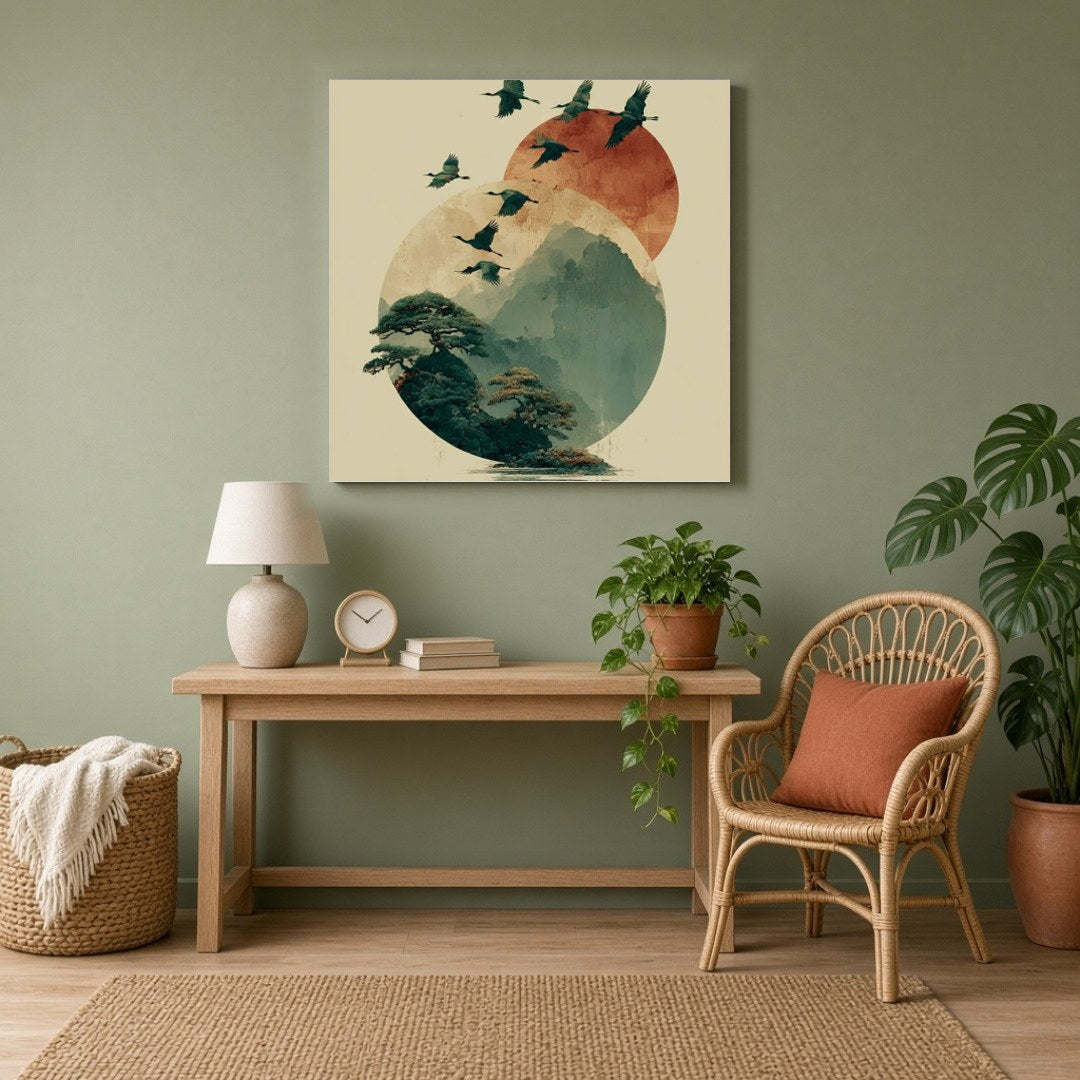 Elevate your space with this captivating artwork featuring elegant cranes soaring over serene for Study