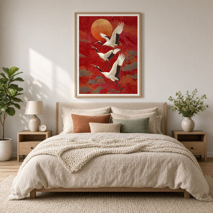 Experience the graceful majesty of cranes soaring beneath a radiant sunset. This striking artwork for Bedroom