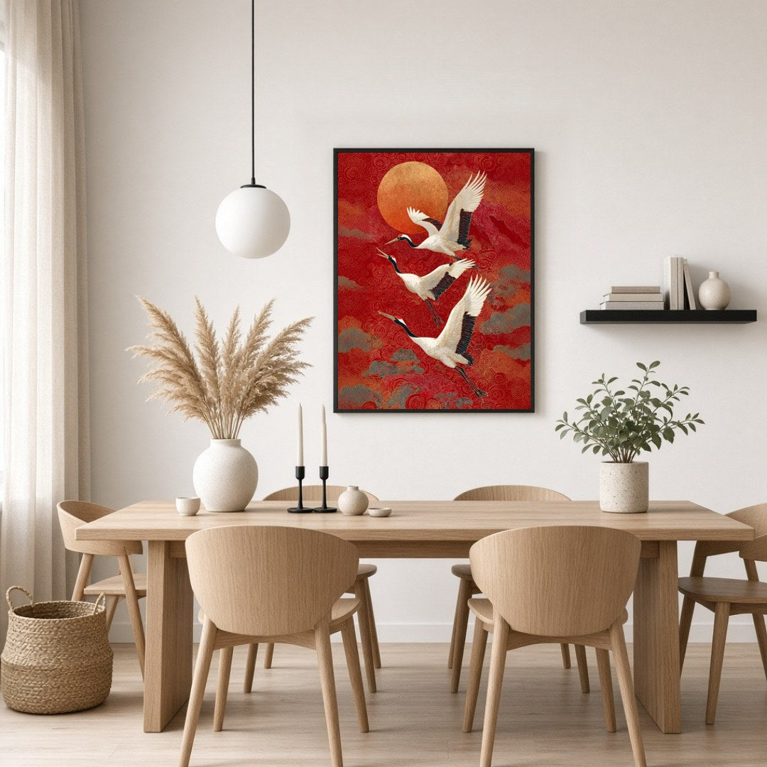 Experience the graceful majesty of cranes soaring beneath a radiant sunset. This striking artwork for Dining