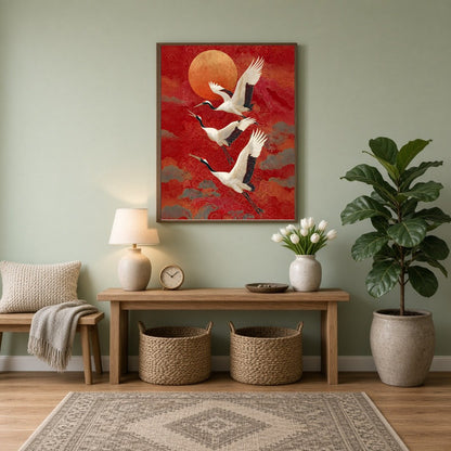 Experience the graceful majesty of cranes soaring beneath a radiant sunset. This striking artwork for Entrance