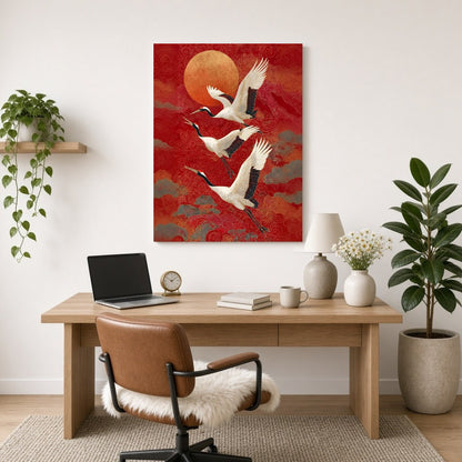 Experience the graceful majesty of cranes soaring beneath a radiant sunset. This striking artwork for Home Office