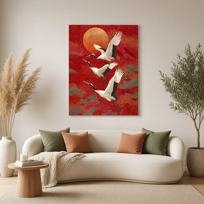 Experience the graceful majesty of cranes soaring beneath a radiant sunset. This striking artwork for Living Room