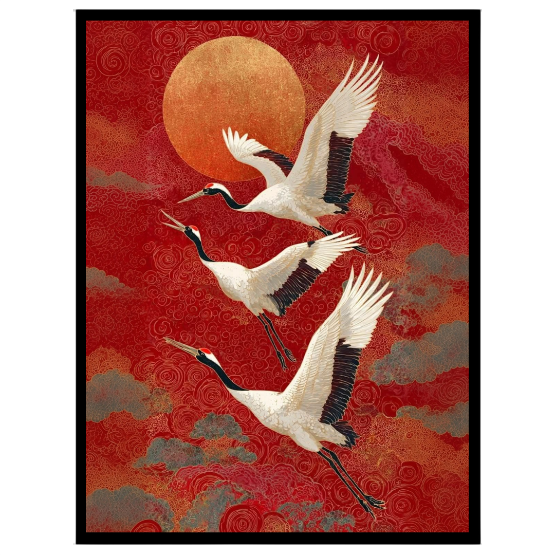 Experience the graceful majesty of cranes soaring beneath a radiant sunset. This striking artwork for office