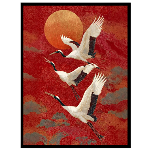 Experience the graceful majesty of cranes soaring beneath a radiant sunset. This striking artwork for office