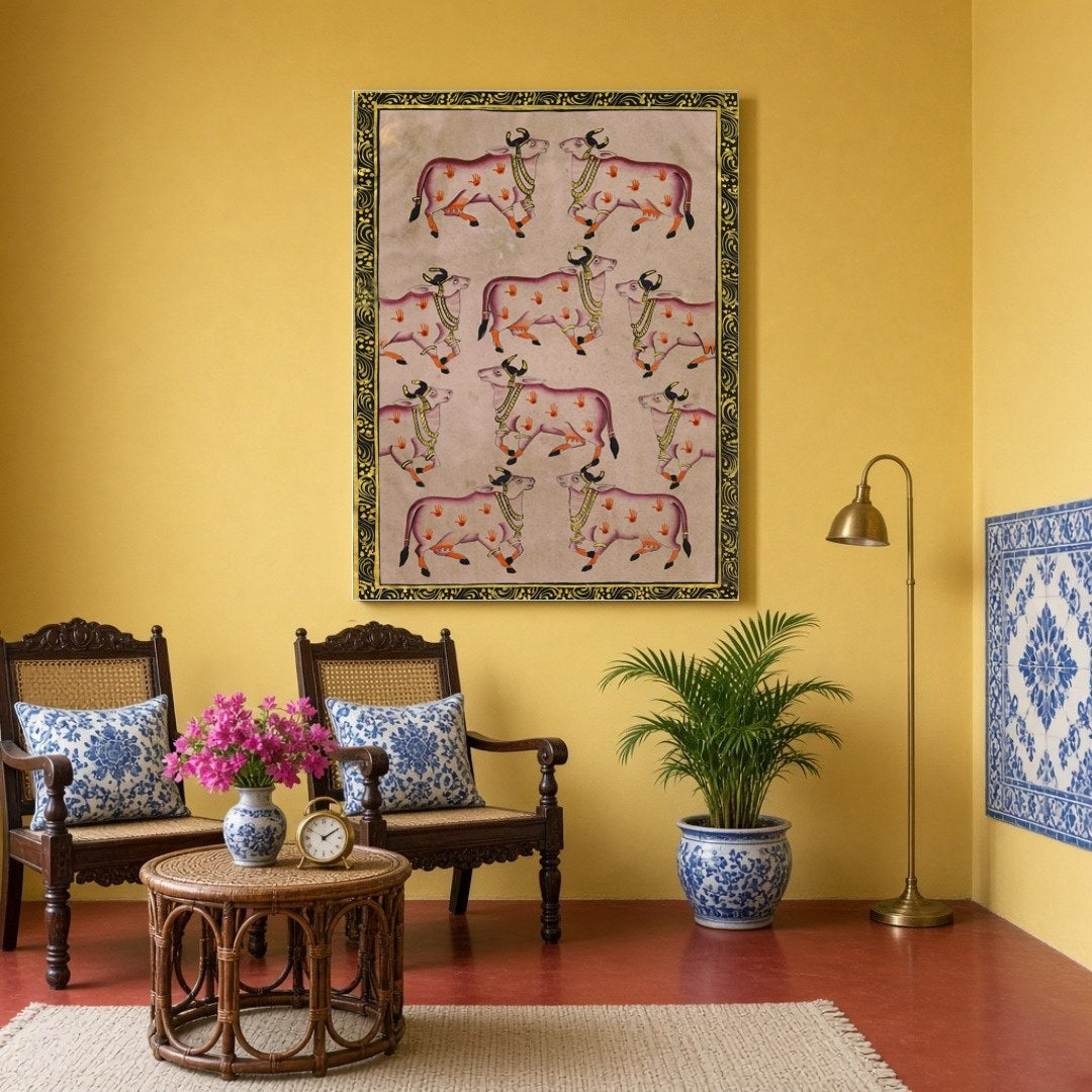 Immerse yourself in the serene world of Pichwai art with this exquisite depiction of sacred cows in for Sitting Area