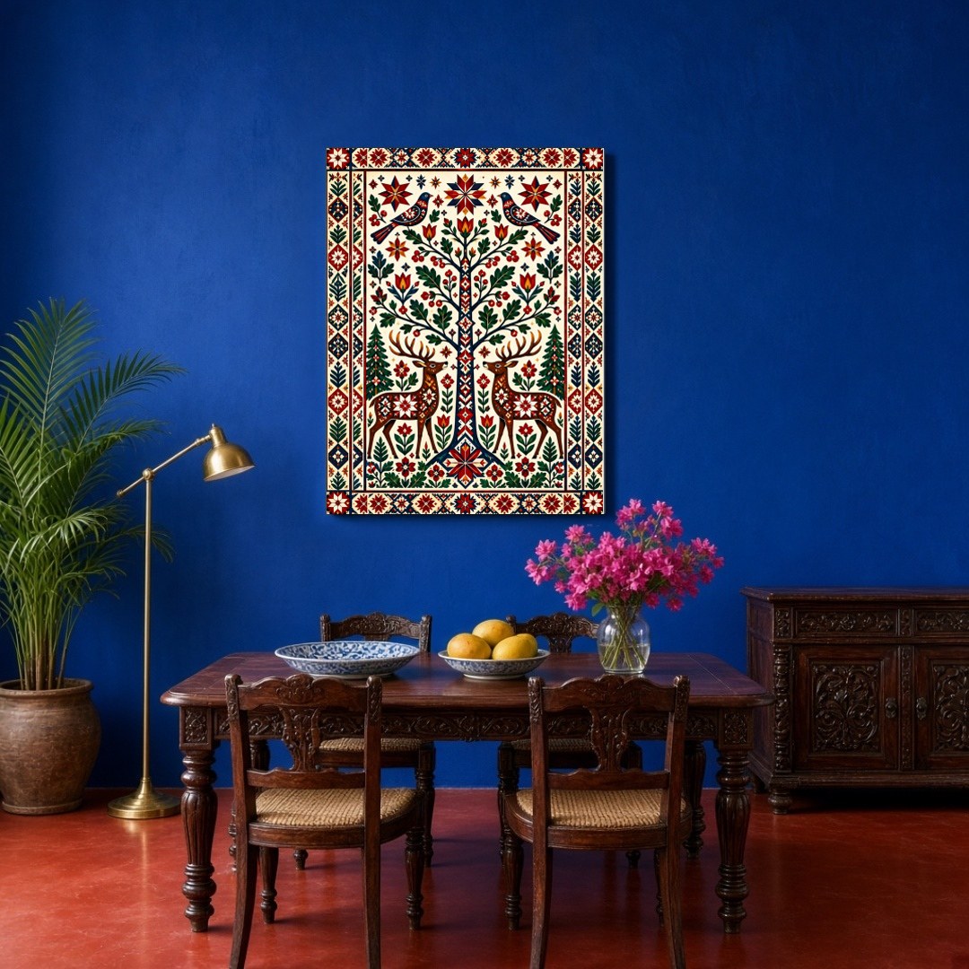 Immerse yourself in the vibrant allure of this fine art print, which depicts majestic deer and for Dining