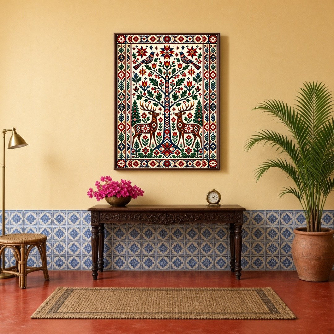 Immerse yourself in the vibrant allure of this fine art print, which depicts majestic deer and for Hallway