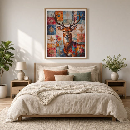 Enchant your space with this captivating art print featuring a noble deer adorned with a rich for Bedroom